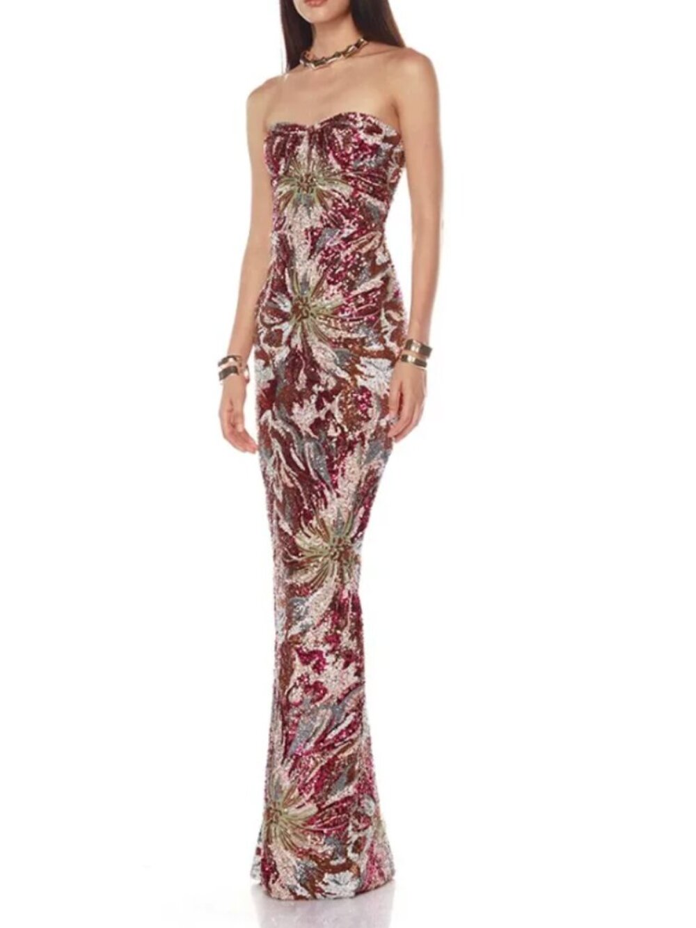 Bronx and Banco Sequin Dahlia Maxi Dress XS/S/M Red Strapless Stretch - Picture 5 of 12
